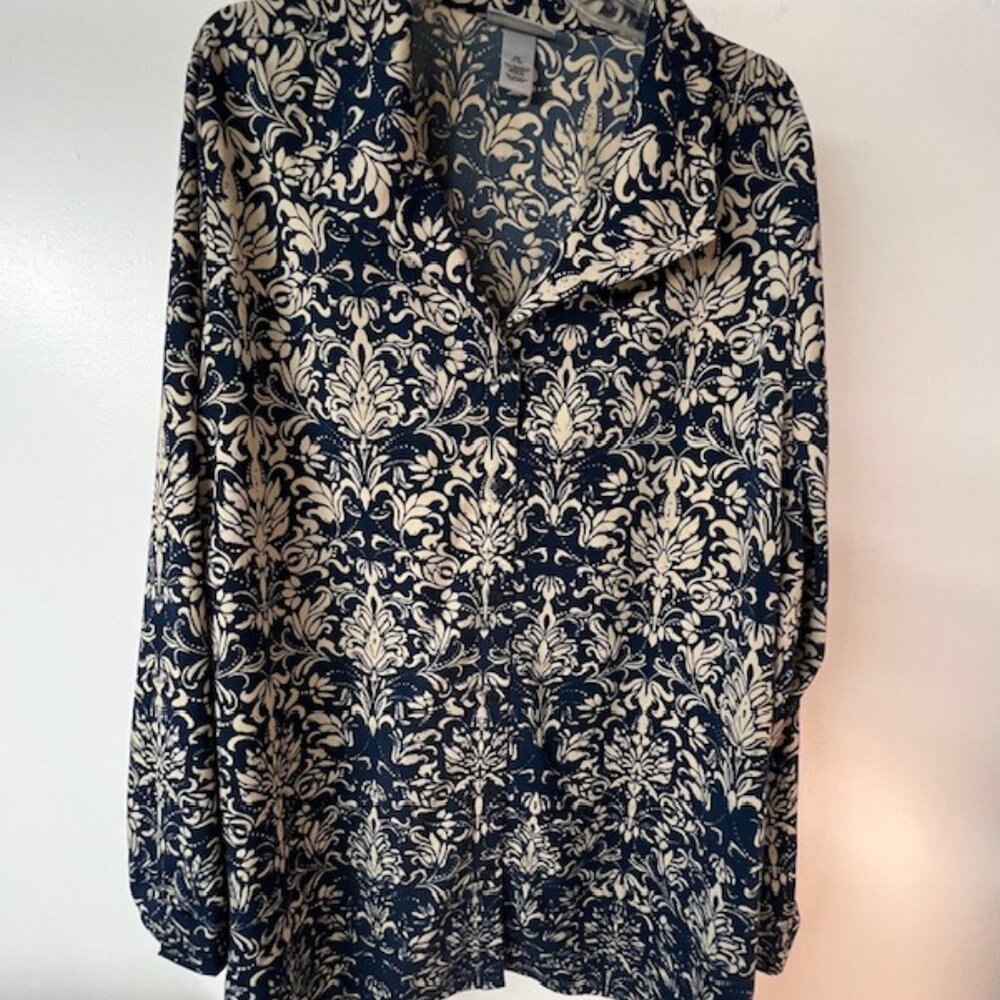 Catherines Womens Long Sleeve, Button-Down Tunic, Drk Blue/Tan Pattern, Size 3X